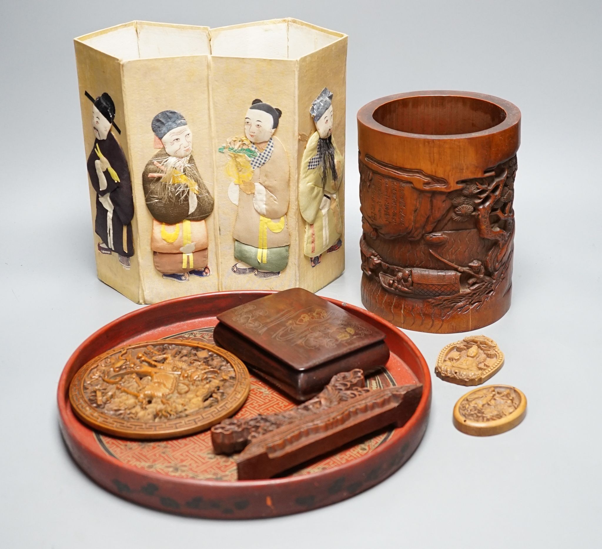 A Chinese applique work panel, a bamboo brushpot, 18cm, lacquer tray, inlaid boxwood table screen, covered box and two carvings